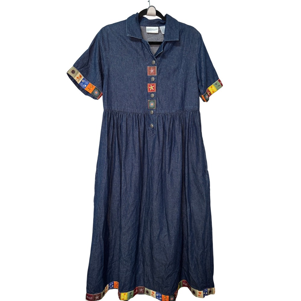 Vtg Cabernet Womens Denim Midi Dress Blue Embroidered Floral Cotton Boho S
